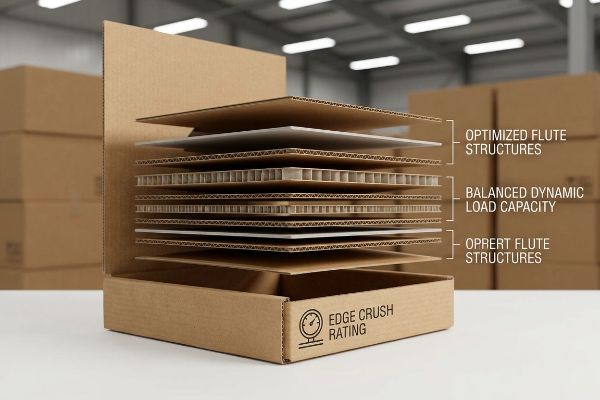 A deconstructed corrugated cardboard box showcasing Optimized Flute Structures, Balanced Dynamic Load Capacity, Oprert Flute Structures, and Edge Crush Rating in a warehouse.