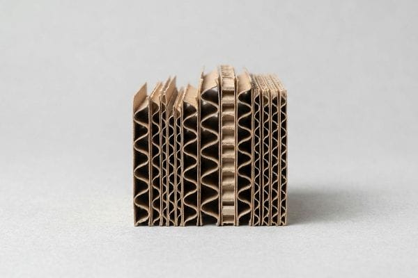 Corrugated Flute Structure Brown corrugated cardboard cross-section revealing multiple fluted layers and arched internal waves, showcasing E-flute and B-flute structural geometry.