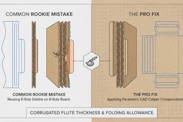 Corrugated Flute Compensation Corrugated flute thickness diagram contrasts Rookie Mistake (E-flute Dieline on B-flute Board) with Pro Fix (Parametric CAD Caliper Compensation).