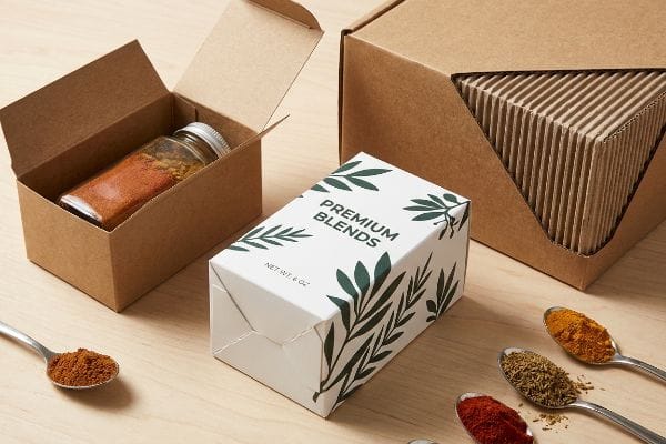 A white Premium Blends folding carton (6 Oz), an open kraft corrugated box with a glass spice jar, and a micro-fluted corrugated display.