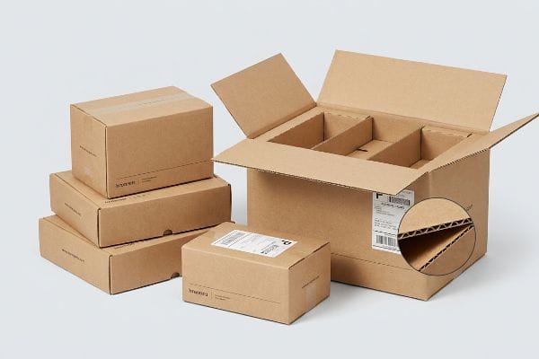Corrugated cardboard shipping boxes from Brunnen, including an open box with dividers and a close-up of the fluted structure.