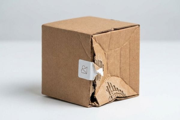 Damaged Corrugated Box Brown corrugated cardboard box with a severely torn side panel, exposing the internal fluting, indicating structural failure from impact.