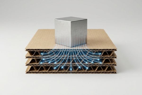 Corrugated paperboard layers with internal fluting demonstrate kinetic load distribution from a silver cube through blue arrows.