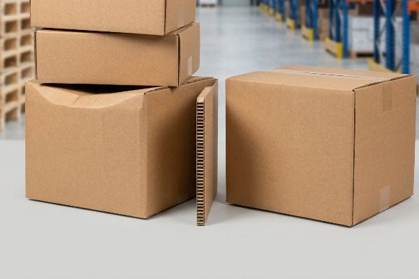 Corrugated cardboard boxes, including an open RSC revealing fluting, stacked in a warehouse for plain packaging logistics.
