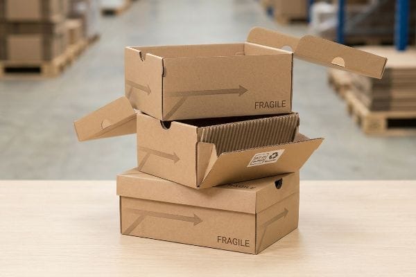 Stacked brown cardboard shoe boxes, one open revealing corrugated fluting and a recycling label, marked 'Fragile' with arrows.