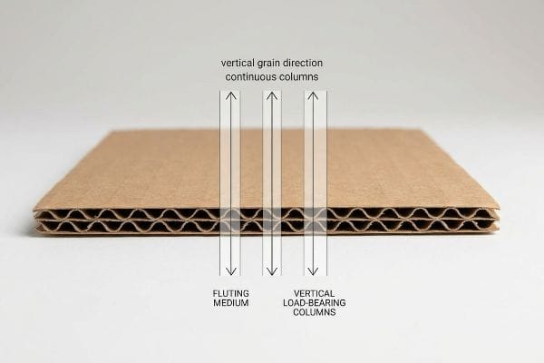 Corrugated Fluting Grain Direction Corrugated cardboard cross-section with Fluting Medium and Vertical Load-Bearing Columns, emphasizing vertical grain direction.