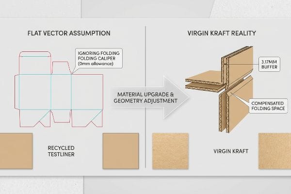 Diagram comparing Flat Vector Assumption with 0mm folding caliper allowance to Virgin Kraft Reality, showing a 3.17mm buffer and compensated folding space for corrugated board.