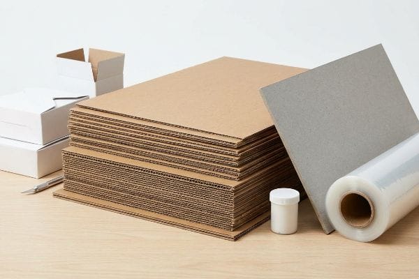 A collection of raw packaging materials, including stacked corrugated cardboard sheets, white folding carton paperboard boxes, grey rigid chipboard, and clear flexible barrier film.