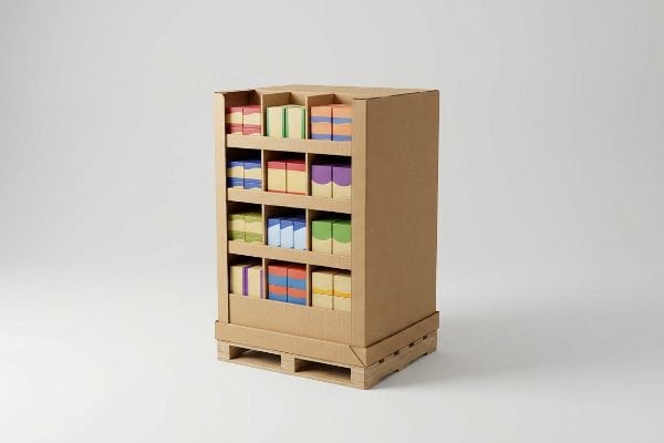 Fractional Pallet Merchandiser Display Corrugated cardboard fractional pallet merchandiser displaying colorful product boxes on a wooden pallet, ideal for point-of-purchase.