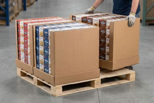 部分パレット販売業者 倉庫内で取り扱われる、木製パレットに積まれたミストラル社およびウェトール社の製品を載せた段ボール製の分割パレット式陳列ケース。.