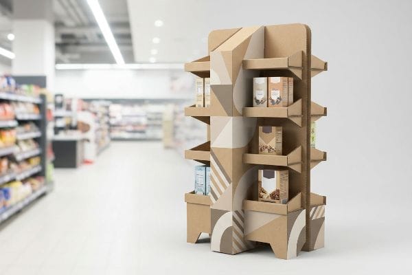 Cardboard Retail Display Natural kraft corrugated cardboard retail display with geometric patterns holding CPG product boxes in a supermarket aisle.