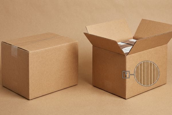 波形溝の方向 茶色の段ボール箱。1つは密封されており、もう1つは開封済み。縦方向の溝が強調されており、ECT(電気化学療法)の最適な強度を実現している。.
