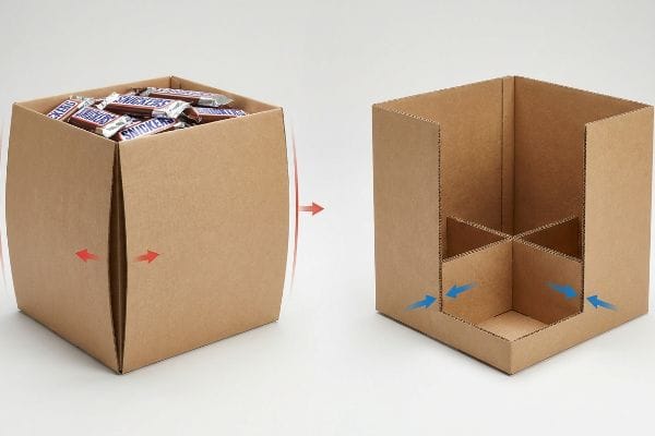 Brown corrugated cardboard boxes: one filled with Snickers bars showing outward bulge, another empty with an internal H-divider preventing lateral pressure.