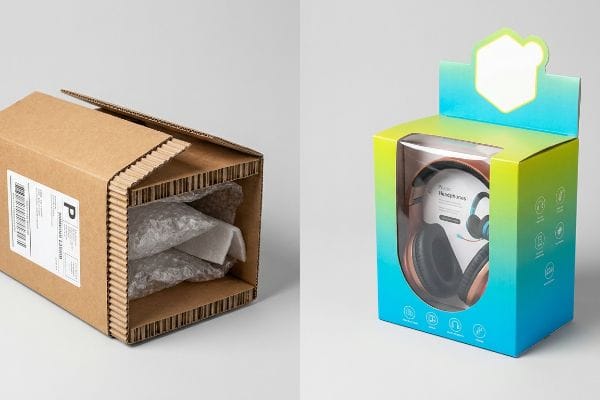 E-commerce Retail Packaging An open e-commerce corrugated cardboard box with internal bubble wrap sits beside a vibrant retail headphone box featuring a clear display window.
