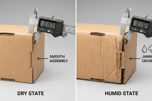 Corrugated Humidity Swell Comparison Brown corrugated cardboard box comparison: dry state (0.157 in, Smooth Assembly) vs. humid state (0.172 in, Jammed Crush) showing moisture swell.
