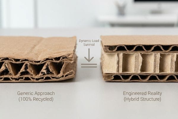 Engineered Reality Strength Crushed 100% Recycled corrugated board versus intact Hybrid Structure for Dynamic Load Survival.