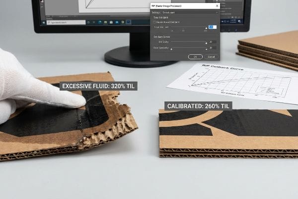 Soggy corrugated cardboard with 'Excessive Fluid: 320% Til' contrasts with firm 'Calibrated: 260% Til' board, showing Rip Raster Image Processor settings.
