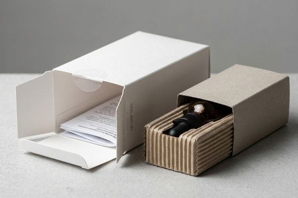 Health Packaging Boxes Open health packaging boxes: white box with leaflet and 'Secure Seal', beige box with amber dropper bottle in corrugated insert.
