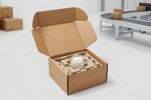 Skincare Box Insert Brown corrugated cardboard box open, revealing a glass skincare jar nestled in a custom pulp insert, ready for postal shipping.