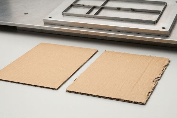 Jagged Cardboard Cuts Two corrugated cardboard pieces, one with a clean edge and one with a jagged, torn edge, with a steel rule die in the background.