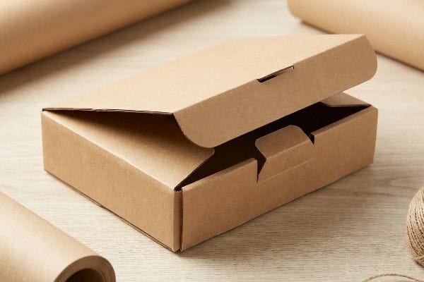 Tuck Top Mailer Box Partially open brown corrugated tuck top mailer box on a light wooden table, with kraft paper and twine, for eco-friendly packaging.