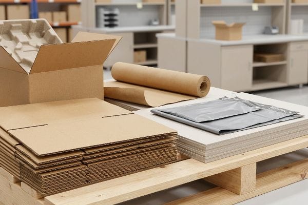 Various ecommerce packaging materials including an open corrugated cardboard box with a molded pulp insert, a roll of kraft paper, stacked flat cardboard sheets, and gray poly mailers on a wooden pallet.