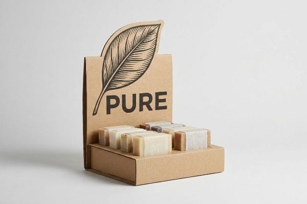 Brown corrugated cardboard point-of-purchase display with a die-cut leaf and "Pure" text, showcasing wrapped soap bars.