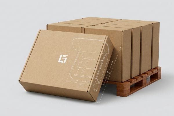 Brown corrugated mailer boxes on a wooden pallet, with a foreground box featuring an L1 logo and a white dieline overlay for custom packaging.
