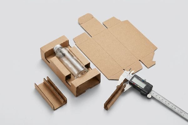 Material Thickness Measurement Corrugated cardboard packaging, a glass bottle in a protective insert, unfolded box, and digital caliper measuring material thickness.