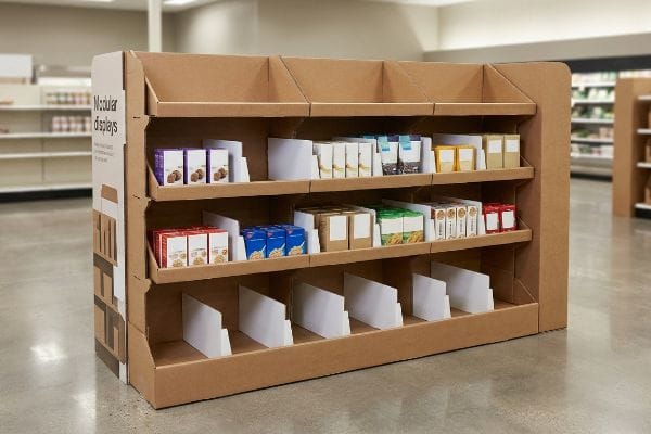Modulare Karton-Displayeinheit Werbedisplay aus Wellpappe mit dem Aufdruck „Modulare Displays“, bestehend aus Regalen mit verpackten Produkten und weißen SKU-Trennwänden.