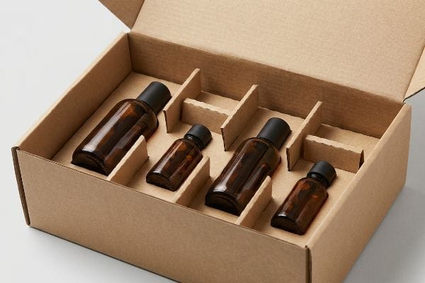 Modular Box Inserts Bottles Brown corrugated cardboard box with modular dividers securely holding four amber glass bottles with black caps for product packaging.