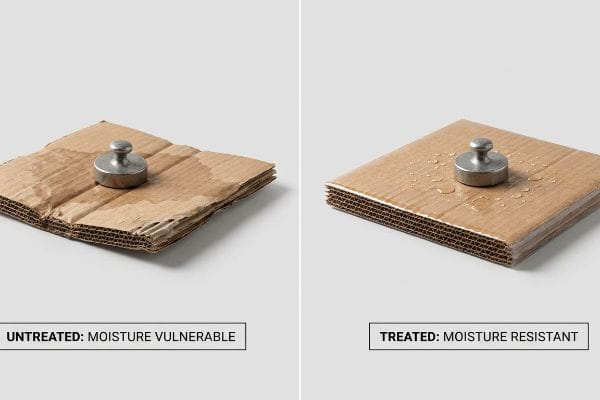 Brown corrugated cardboard comparison: Untreated, Moisture Vulnerable piece collapsed under weight; Treated, Moisture Resistant piece repels water.