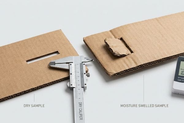 Cardboard Moisture Swell Test Corrugated cardboard samples demonstrate moisture expansion, with a Dry Caliper measuring a Dry Sample slot next to a Moisture Swelled Sample.