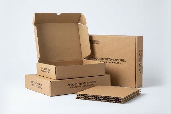 Recyclable Mono-Material Boxes Brown fluted corrugated cardboard boxes for Organic Cotton Apparel, labeled "100% Recyclable Mono-Material", with a stack of raw board.
