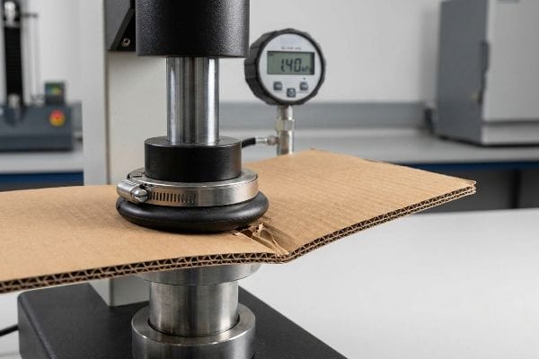 Corrugated cardboard undergoing a Mullen bursting strength test, showing a pressure head deforming the board with a digital gauge reading 140 kPa.