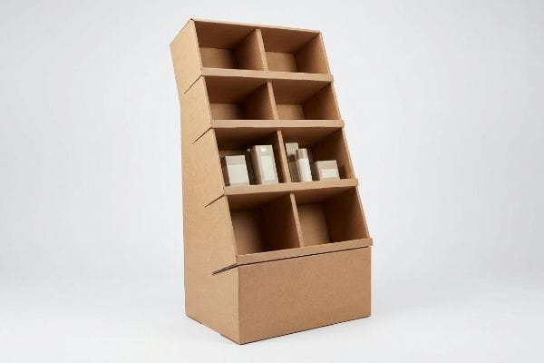 Cardboard FSDU Display Unit Corrugated cardboard FSDU merchandising tower featuring multiple slanted shelves, displaying light-colored product boxes within the ergonomic strike zone.