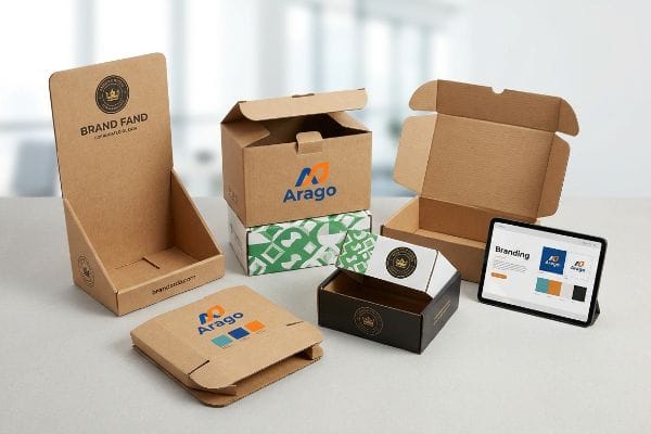 Marque d'emballages en carton ondulé Diverses solutions d'emballage en carton ondulé, notamment une boîte de présentation Brand Fand, des boîtes d'expédition Arago et une tablette présentant des concepts de marque.