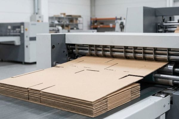 Cardboard Die-Cutting Machine Die-cutting machines processing flat brown corrugated cardboard sheets with intricate score lines and cut patterns for custom packaging production.