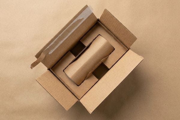 An open brown corrugated cardboard box with internal packaging inserts designed for frustration-free product protection and easy unboxing.