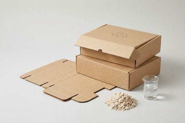 Brown corrugated cardboard boxes, one with a recycling symbol, next to a pile of paper pulp and a beaker of water.
