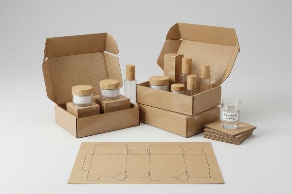 環境に配慮した化粧品パッケージのコレクション。ガラス瓶、ボトル、木製キャップ、水性塗料の入ったビーカー、そして平らな箱のテンプレートが入った、開口部のある段ボール箱が特徴です。.