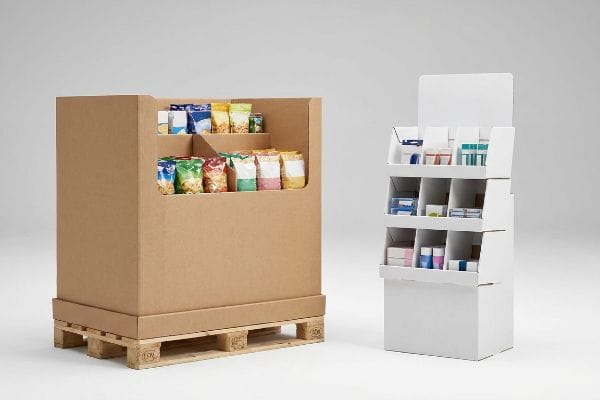 Corrugated floor merchandiser on Euro pallet with snacks, and white countertop display with packaged goods.