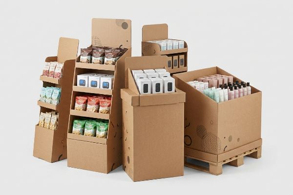 Showcasing diverse retail products, multiple corrugated cardboard display units feature snacks, electronics, and cosmetic bottles, including a pallet display.