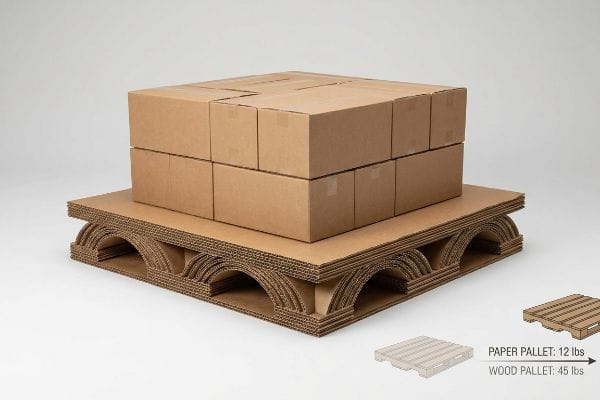 Paper Pallet Weight Comparison High-density fluted corrugated paper pallet with vertical arches supporting brown cardboard boxes, showing Paper Pallet: 12 Lbs, Wood Pallet: 45 Lbs.