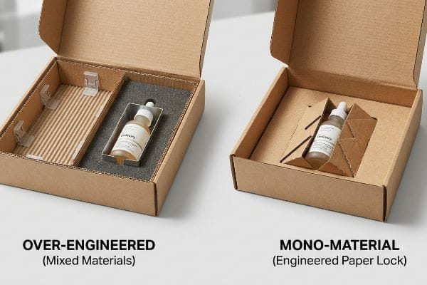 Over-Engineered (Mixed Materials) and Mono-Material (Engineered Paper Lock) corrugated boxes for The Ordinary serum.