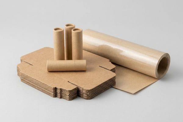 Brown corrugated cardboard, cylindrical paper tubes, and a kraft paper roll for eco-friendly lip balm packaging.