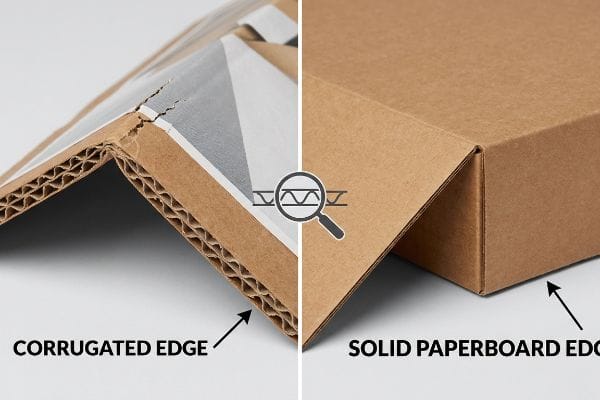 Close-up comparison of a Corrugated Edge with visible fluting and a Solid Paperboard Edge, highlighting structural differences.