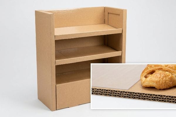 PFAS-Free Bakery Display Corrugated cardboard dry bakery display case with PFAS-free barrier coating, showcasing flute structure and a pastry for ambient food.