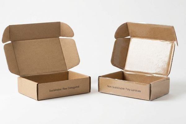 Corrugated Box Sustainability Comparison Two open brown corrugated boxes, one marked "Sustainable: Raw Corrugated" and the other "Non-Sustainable: Poly-Laminate" with a glossy interior.