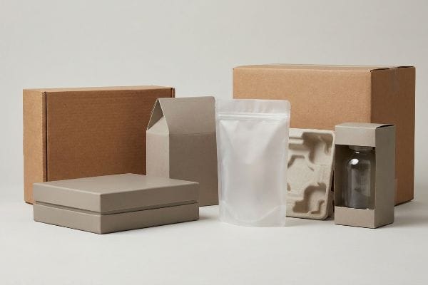 Assorted Packaging Samples Brown corrugated boxes, gray paperboard cartons, a flexible pouch, and molded pulp packaging samples.